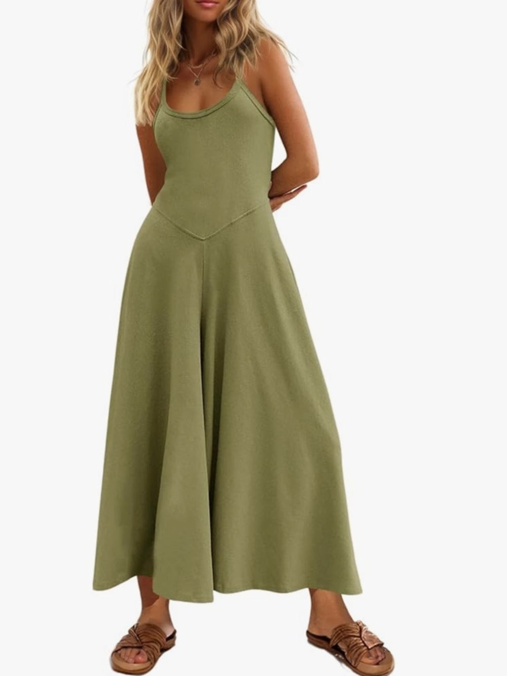 Olive Green Sleeveless Wide-Leg Jumpsuit